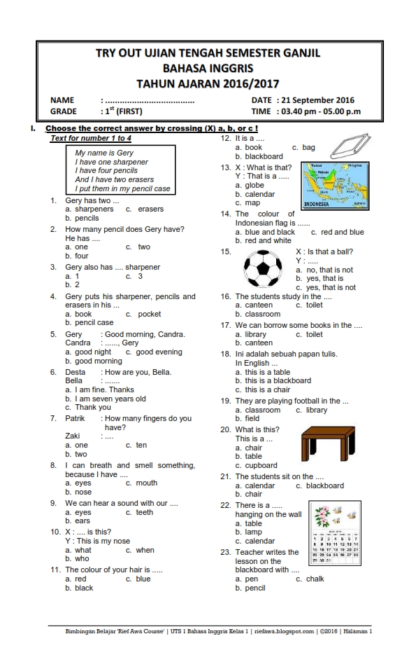 Soal Bahasa Inggris Kelas 1 Semester 1 - Piffle me