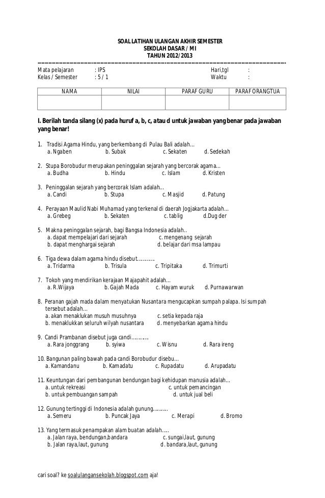 soal ips kelas 5 sd semester 1 kurikulum 2013