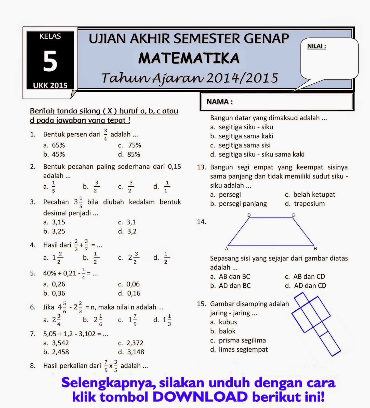 Menyongsong Sukses UAS Matematika Kelas 9 Semester 1 Kumpulan Soal
