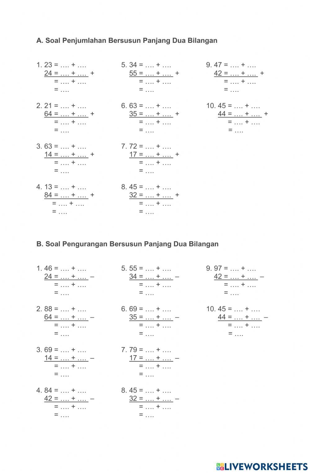 Penjumlahan dan Pengurangan Bersusun Panjang worksheet Mathematics
