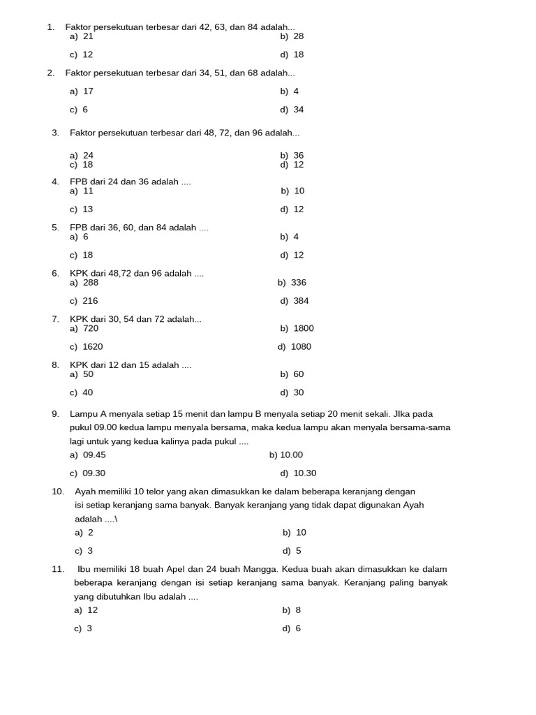 Soal FPB dan KPK Kelas 6 Matematika PDF