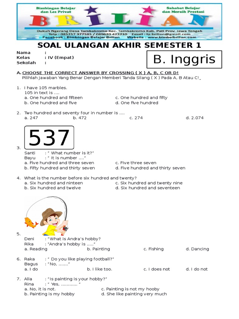 5 Soal Latihan Bahasa Inggris Kelas 4 SD Semester 2 Lengkap Kunci Jawaban