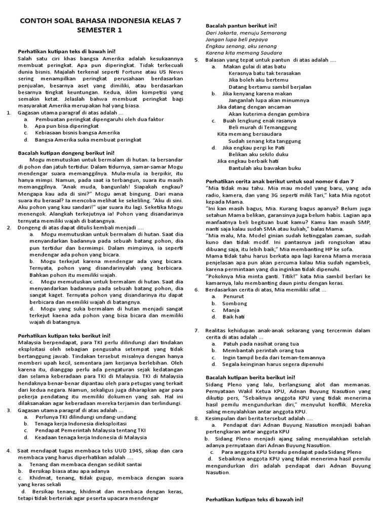 Soal Bahasa Indonesia Kelas 7 Semester 1 PDF