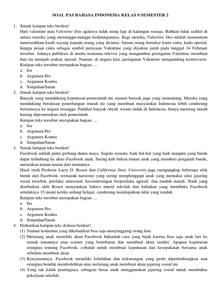 contoh soal bahasa indonesia kelas 9 smp semester 1