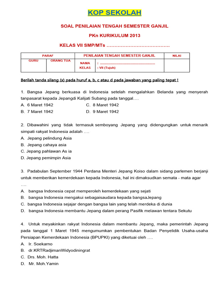 contoh soal soal pkn kelas 7 semester 1 kurikulum 2013