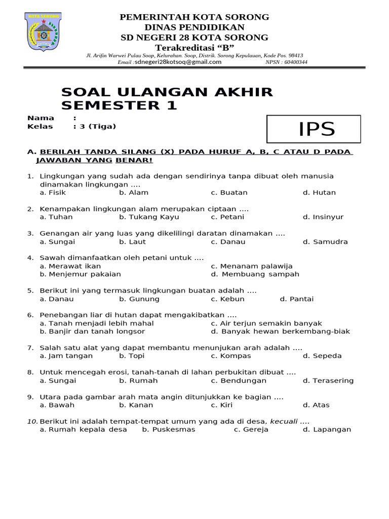 Kisi Kisi Soal IPS Kelas 3 SD Semester 1 Tersembunyi di Jadwal Liga 1 2026, Wajib Tahu