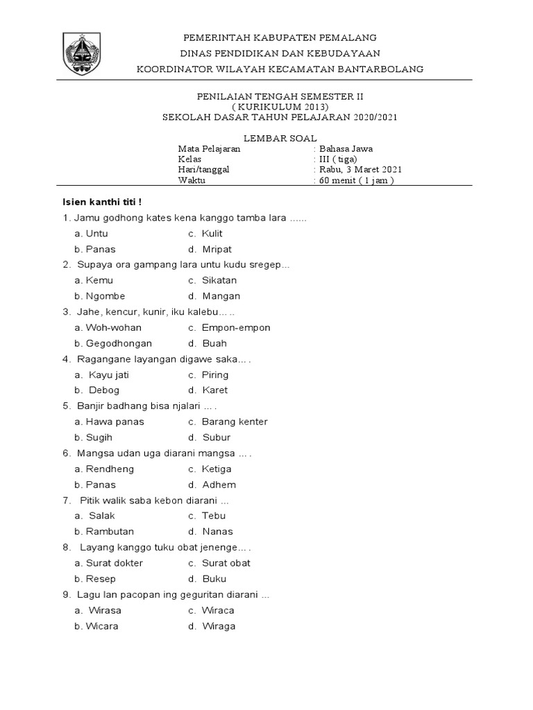 Wajib Tahu! Bocoran soal uas kelas 3 bahasa jawa semester 2 agar Nilai Langsung A
